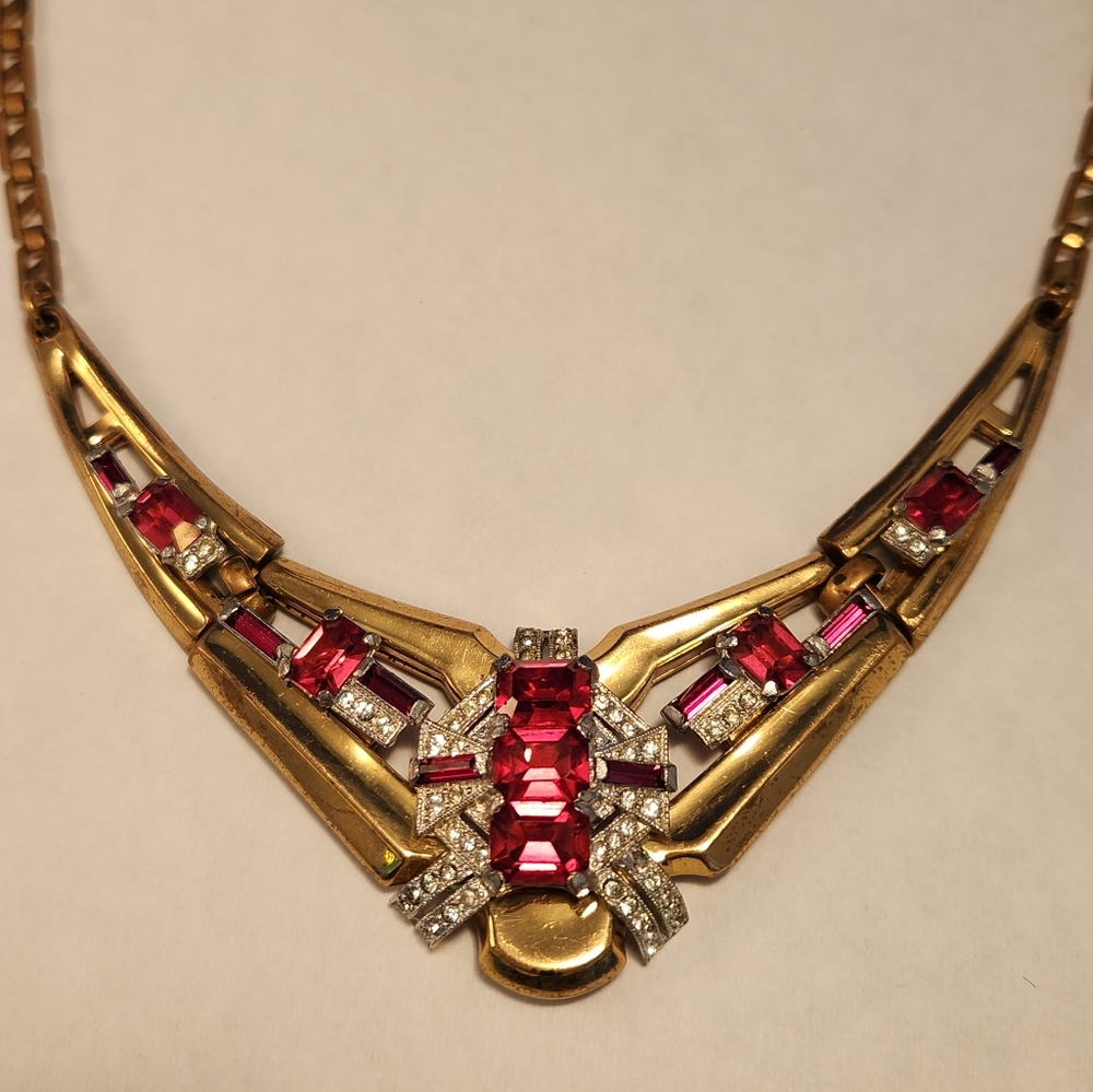 McClelland Barclay Art Deco Gold and Ruby Rhinestone Necklace